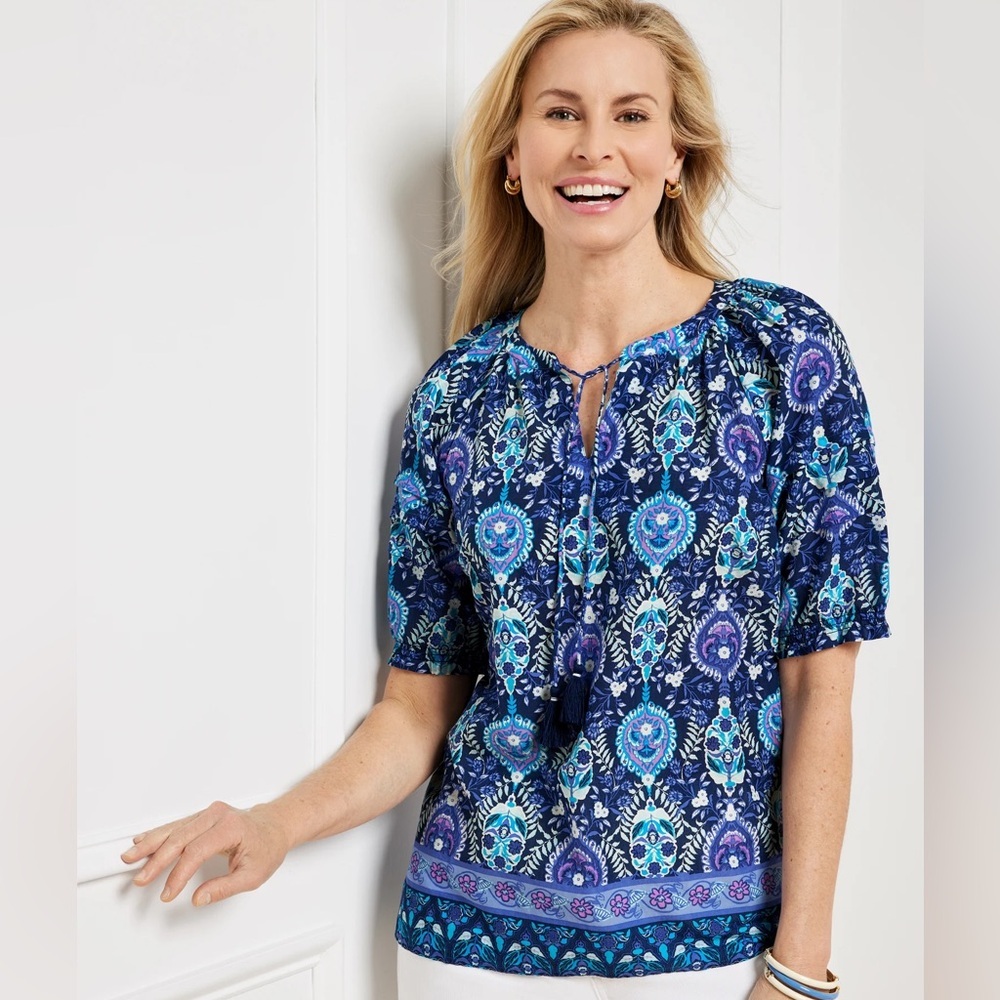 Talbots Pleated Sleeve Top Floret Medallion Size Large
